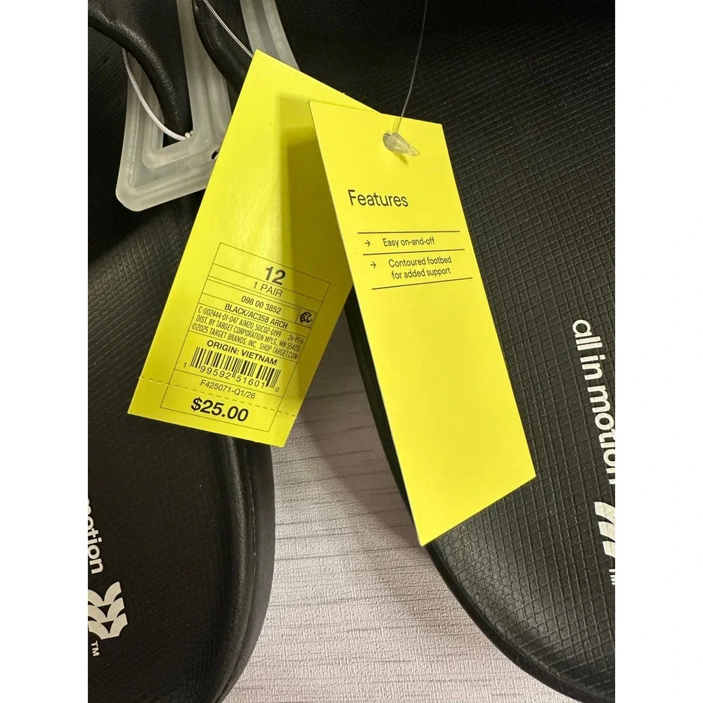 All in Motion Mens Slide Sandals Black AC358 Arch Support Size 12 NWT